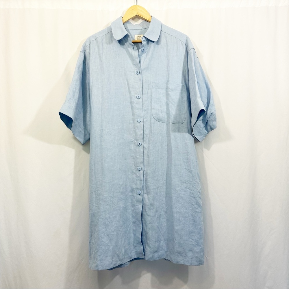 Man in the Studio 100% Linen Lagenlook Button Down Shirt Dress in Blue